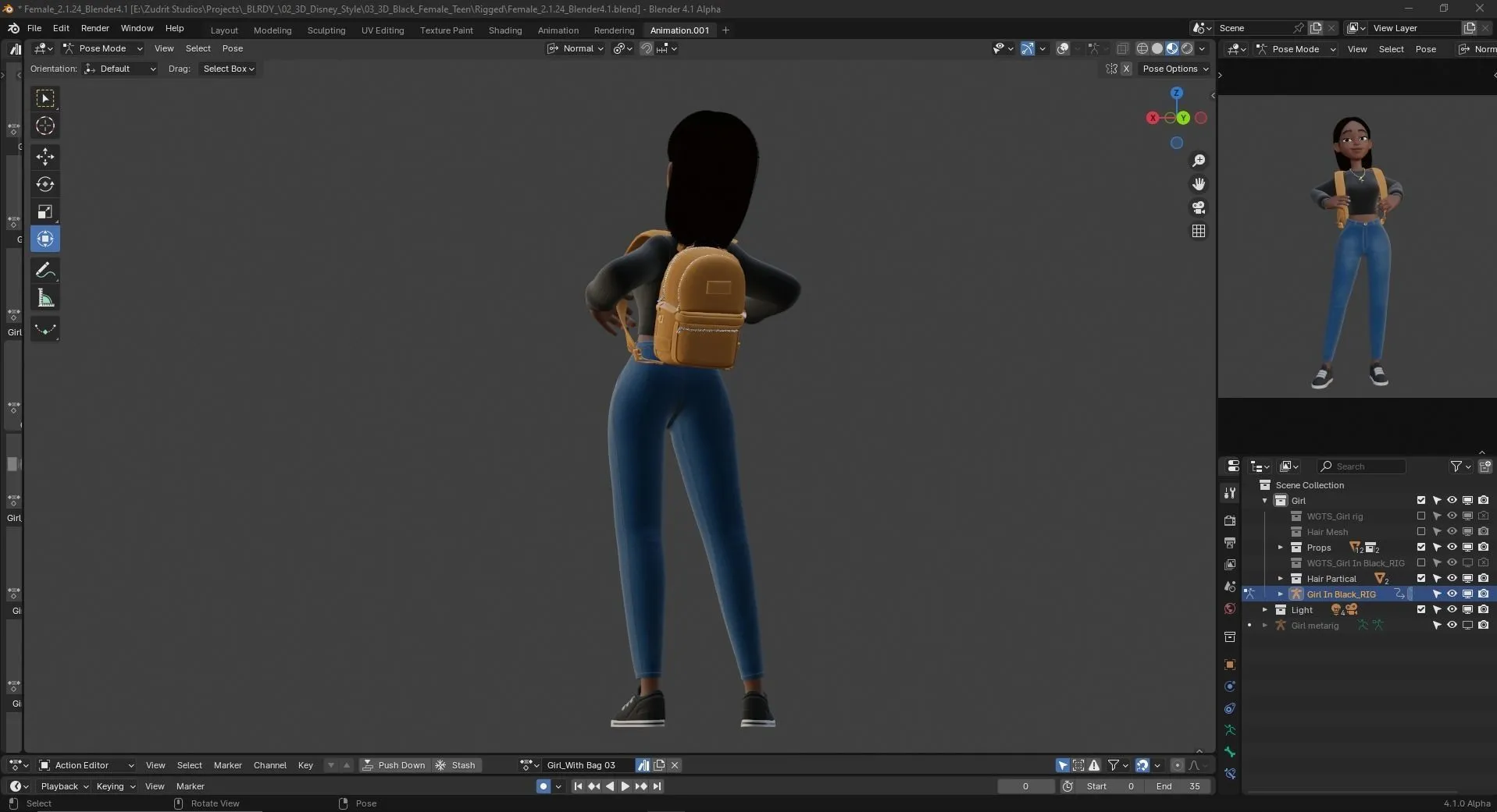 Cartoon Black Woman Teen character 3D model side view